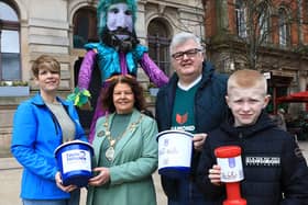 Mayor Patricia Logue with volunteers for the Mayor's Flag Day on St. Patrick's Day.  Included are Sheila Duffy (Foyle Hospice), Stephen McCallion and Oisin McGowan (Ryan McBride Foundation).