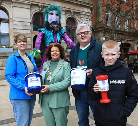 Mayor Patricia Logue with volunteers for the Mayor's Flag Day on St. Patrick's Day. Included are Sheila Duffy (Foyle Hospice), Stephen McCallion and Oisin McGowan (Ryan McBride Foundation).