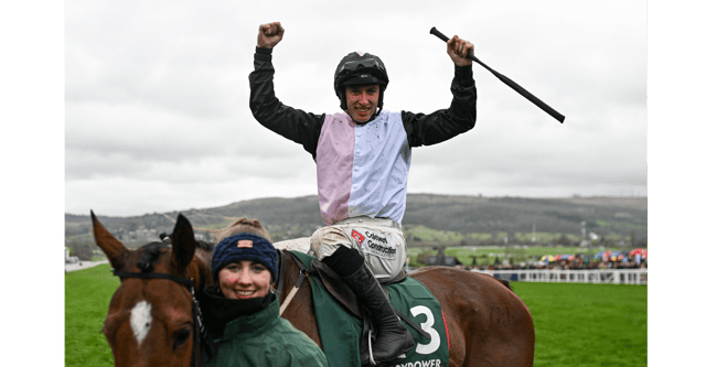 Jockey Jack Kennedy celebrates aboard Teahupoo after winning the Paddy Power Stayers' Hurdle at the Cheltenham Festival. Picture: David Fitzgerald/Sportsfile