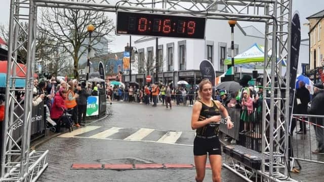 Ann-Marie McGlynn crossing the line first in Portlaoise this morning. Photo: Letterkenny AC