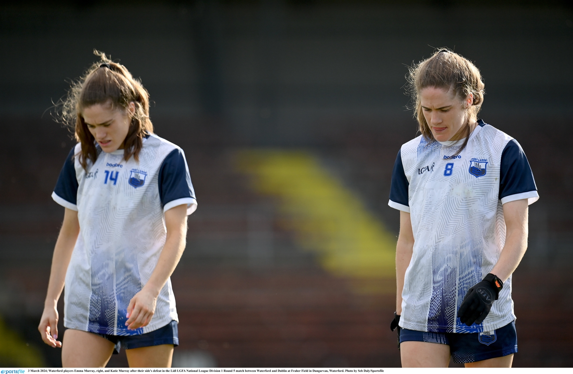 Waterford players Emma Murray, right, and Katie Murray after their side's defeat in the Lidl LGFA National League Division 1 Round 5 match between Waterford and Dublin PIC: Sportsfile