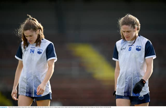 Waterford players Emma Murray, right, and Katie Murray after their side's defeat in the Lidl LGFA National League Division 1 Round 5 match between Waterford and Dublin PIC: Sportsfile