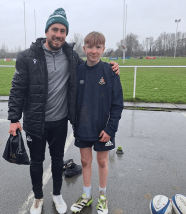 JJ Hanrahan (Irish Rugby Union Player) with Cameron Fitzpatrick (Rockwell College U15) at UL Bohemian RFC