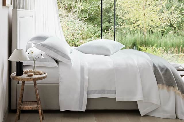 2. Albany Bed Linen Collection, White/Pale Blue: Duvet Cover, from £90, Single, to £130, Super King; Albany Flat Sheet, from £55, single, to £85, Super King; Albany Oxford Pillowcase from £25, Standard, to £30, Super King, The White Company