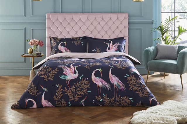 9. Dancing Cranes Bedding Duvet Cover and Pillowcase by Sara Miller in Midnight Blue, from £60, Single, to £110, Super King, The Rug Seller