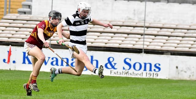 St Kieran's College's Aaron McEvoy kicks the ball to the CBS net in the Leinster Final