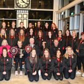 Drumsurn GAC Camogie team celebrate their treble success at a civic reception in Cloonavin