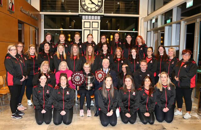 Drumsurn GAC Camogie team celebrate their treble success at a civic reception in Cloonavin