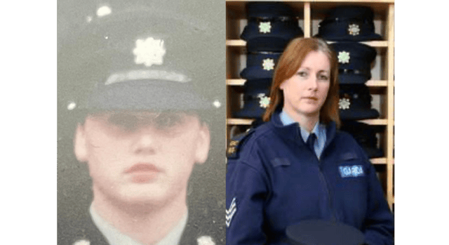 Antoinette Cunningham in her early garda training days and as a training sergeant in Templemore