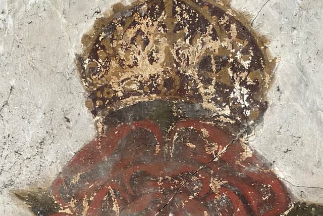 It is painted on to a fine plaster layer with evidence of limewash applied around the designs.