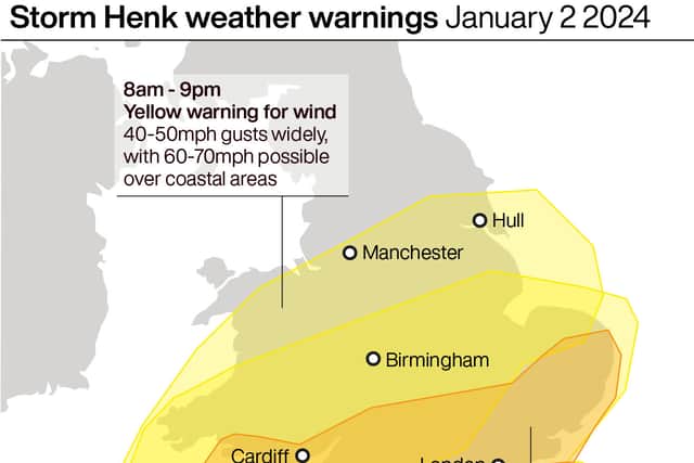 Heavy rain is also expected later in the day, with a yellow warning in place from 5pm to 9pm, reaching as far north as Manchester and Hull.