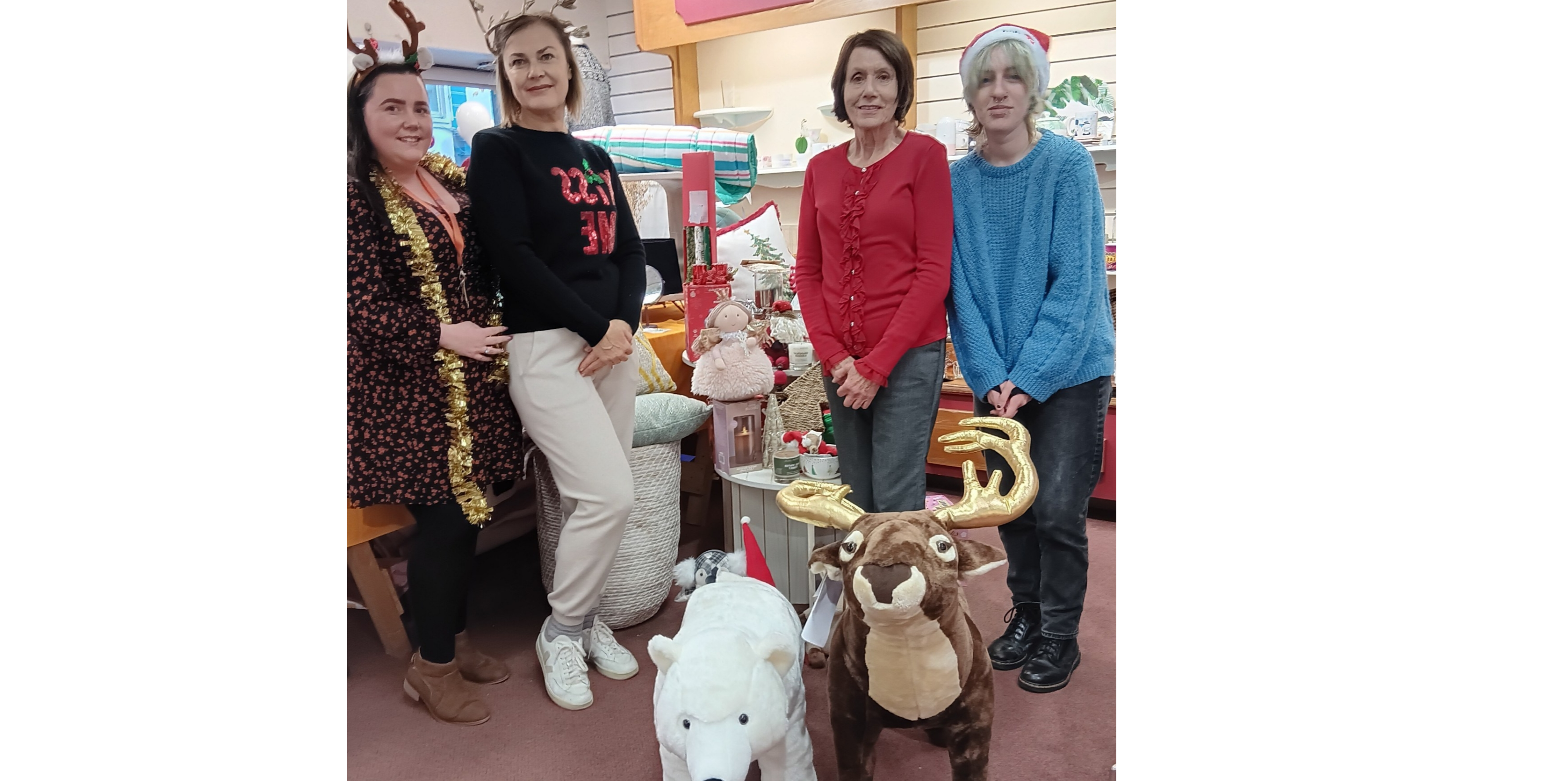 Local store manager Denise Carew (Shop Manager) alongside Svitlana Marchenko, Liz Branon and Jamie OMera in the Carrick on Suir Charity Boutique with some of the festive stock