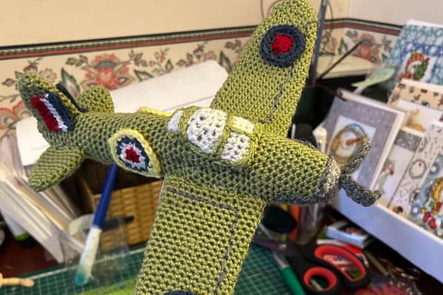 “I started by sketching the Spitfire, roughly to scale and working to make its wing shapes in a simple single crochet pattern, with increases added at the points necessary to create the shape I wanted,” she said.