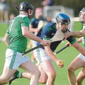Seaghan Conneely, St. Fechins is tackled by Oisín Gately, Clonguish Gaels during the Leinster JHC game in Darver. Pic: Aidan Dullaghan