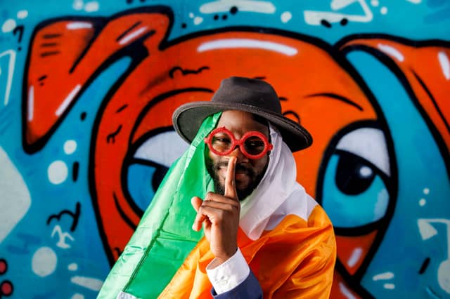 Nigerian poet and playwright Samuel Yakura photographed at Dublin’s Liberty Lane as he performs a scene from his new show The Perfect Immigrant. Picture: Marc O’Sullivan