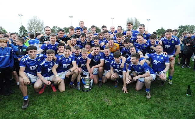 Roche Emmets celebrate their Louth IFC win over O’Raghallaighs on Sunday. Photo: Arthur Kinahan