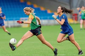 Sian Gallagher on the attack for Ardagh in breaking away from Dromard opponent Sarah Murphy. Action from the Ladies Football IFC Final on Saturday last Photo: Syl Healy