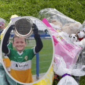 Tributes at the scene where Ronan Wilson (inset) lost his life. (North West Newspix)