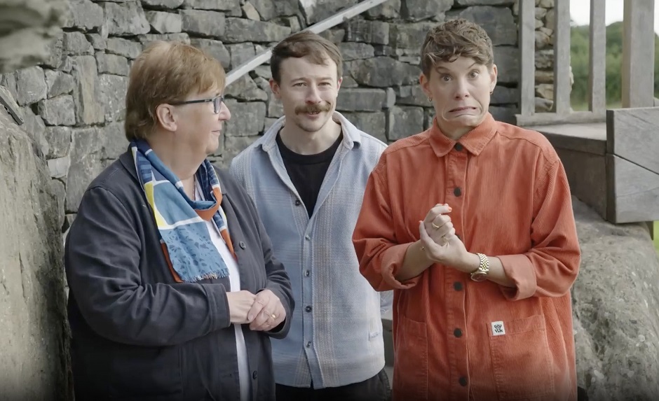 Claire Tuffy, Newgrange (left), with comedians Seán Burke and Suzi Ruffell, during filming at Newgrange for a new mini-series called Stand Up Road Trip.