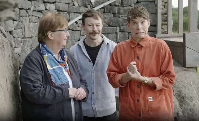 Claire Tuffy, Newgrange (left), with comedians Seán Burke and Suzi Ruffell, during filming at Newgrange for a new mini-series called Stand Up Road Trip.
