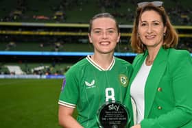 Tyler Toland of Republic of Ireland is presented with the player of the match award by Chief Commercial Officer, Sky, Orlaith Ryan. Photo: Stephen McCarthy/Sportsfile