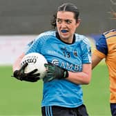 Kate Shannon on the attack for Slashers in facing the challenge of Carrickedmond opponent Shauna McCormack. Action from the Ladies SFC semi-final Photo: Syl Healy