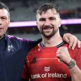 Munster coach Denis Leamy and Diarmuid Barron celebrate the success in Cape Town. Picture: Bridget Delaney