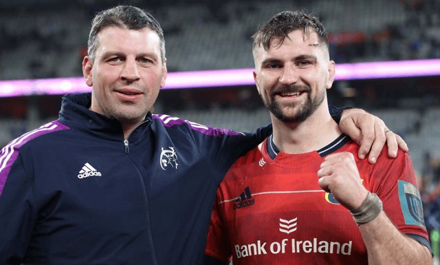 Munster coach Denis Leamy and Diarmuid Barron celebrate success in Cape Town earlier this year. Picture: Bridget Delaney