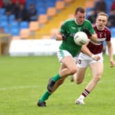 Conor Shields on the attack for Clonguish in breaking away from Mullinalaghta opponent Patrick Fox. Action from the SFC quarter-final at Glennon Brothers Pearse Park on Sunday evening Photo: Syl Healy