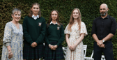 DNLF Schools Short Story Competition prize winners Anouk Baldin-Merer,  first; Emily Tracey, second, and Zia Davies, with festival Chair Ger McNulty and judge Donal Ryan Picture: Odhran Ducie