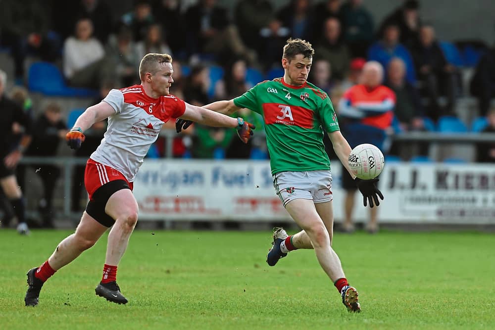 Gerard Mulligan pictured in action for Colmcille against Abbeylara opponent Michael McHugh. Action from the SFC Round 4 clash on Sunday evening last Photo: Gerry Rowley