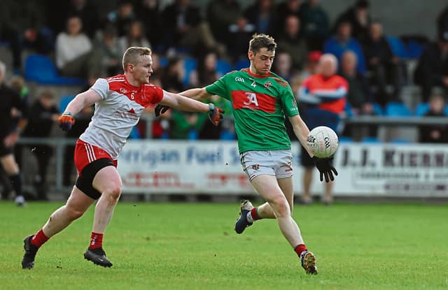 Gerard Mulligan pictured in action for Colmcille against Abbeylara opponent Michael McHugh. Action from the SFC Round 4 clash on Sunday evening last Photo: Gerry Rowley