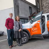 Angela Hayes and Alan Hayes, Teac Tom accepting the sponsored jeep from Theresa Ryan and Bronagh Fleming, Boston Scientific Employee Charity before the Teac Tom Business lunch in Butler House