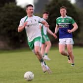 Michael Quinn pictured in action for Killoe ahead of Rathcline opponent Seadhna Ryan in the SFC Round 2 clash at Moran Park on Sunday evening Photo: Syl Healy
