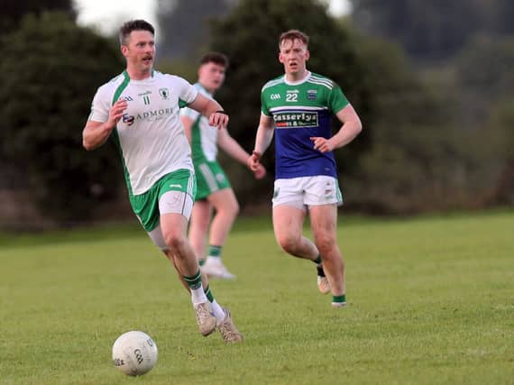 Michael Quinn pictured in action for Killoe ahead of Rathcline opponent Seadhna Ryan in the SFC Round 2 clash at Moran Park on Sunday evening Photo: Syl Healy