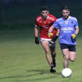 Corner-forward Ronan Sheahan pictured in action for Slashers ahead of Ballymahon opponent Chris Killian in the SFC Round 2 clash at McGann Park Photo: Syl Healy