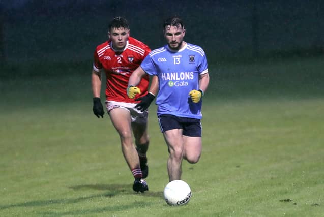 Corner-forward Ronan Sheahan pictured in action for Slashers ahead of Ballymahon opponent Chris Killian in the SFC Round 2 clash at McGann Park Photo: Syl Healy