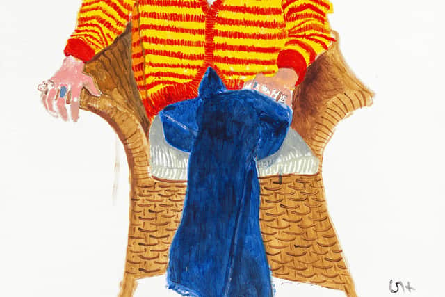 The portrait of Styles depicts the singer wearing an orange and red cardigan with a pearl necklace and blue jeans.
