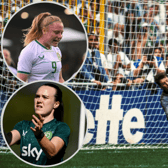 Packie Bonner saves a penalty from Daniel Timofte at the 1990 World Cup and (insets) Amber Barrett and Ciara Grant. Photos: Sportsfile