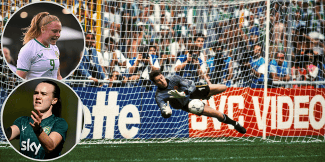Packie Bonner saves a penalty from Daniel Timofte at the 1990 World Cup and (insets) Amber Barrett and Ciara Grant. Photos: Sportsfile