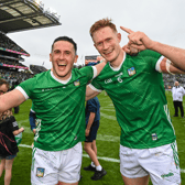Limerick players Darragh O'Donovan, left, and William O'Donoghue celebrate `the historic four in-a-row | PICTURES: Sportsfile