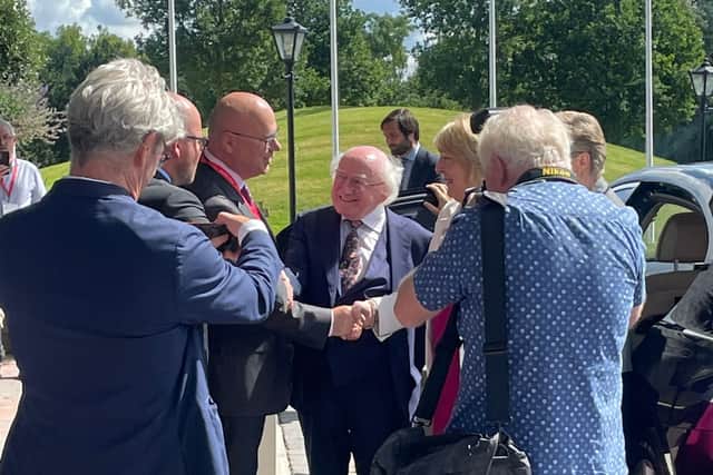 The President and his wife Sabina were greeted by Lyrath Estate owner Xavier McAuliffe and his wife Lorraine, along with a very special guest - the hotel’s resident Golden Retriever, Rudy. President Higgins took time to chat to the Lyrath Estate owners and the team, and the famous dog lover greeted Rudy, who was very happy to get a rub behind the ears.