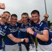 Laois players, from left, Evan O'Carroll, Kevin Swayne, Ciaran Burke and Brian Daly celebrate after the Tailteann Cup Quarter Final at TUS Gaelic Grounds in Limerick.  Pic: Sportfile