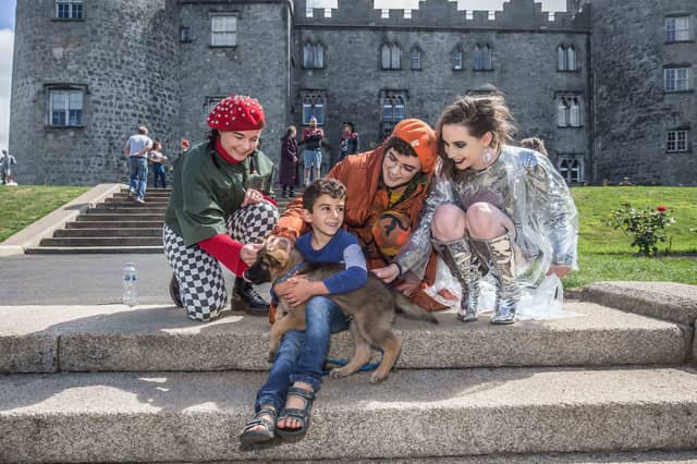 assan Zabad (5) with Max his puppy with Karen McCartney, Aoibhéann McCann and Martha Breen members of the cast of Rough Magic and Kilkenny Arts Festival’s production of A Midsummer Night’s Dream by Wi