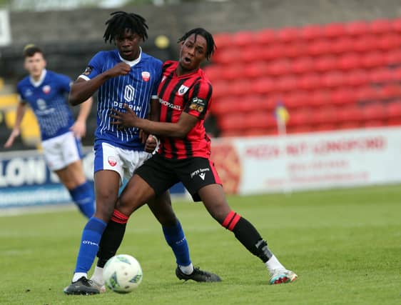 Emmanuel James pictured in action for Longford Town against Treaty United in the SSE Airtricity League First Division clash at Bishopsgate on Saturday night Photo: Syl Healy
