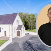 St Columba's Church in Kilmacrennan and (inset) Fr Paddy Dunne