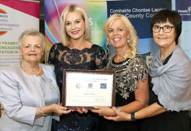 RTE'S Claire Byrne with the Teac Tom representatives at the Laois Community and Voluntary Awards 2019. Photo: Michael Scully