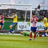 Goalmouth action from the Treaty United v Longford Town SSE Airtricity League First Division clash at the Markets Field on Friday night