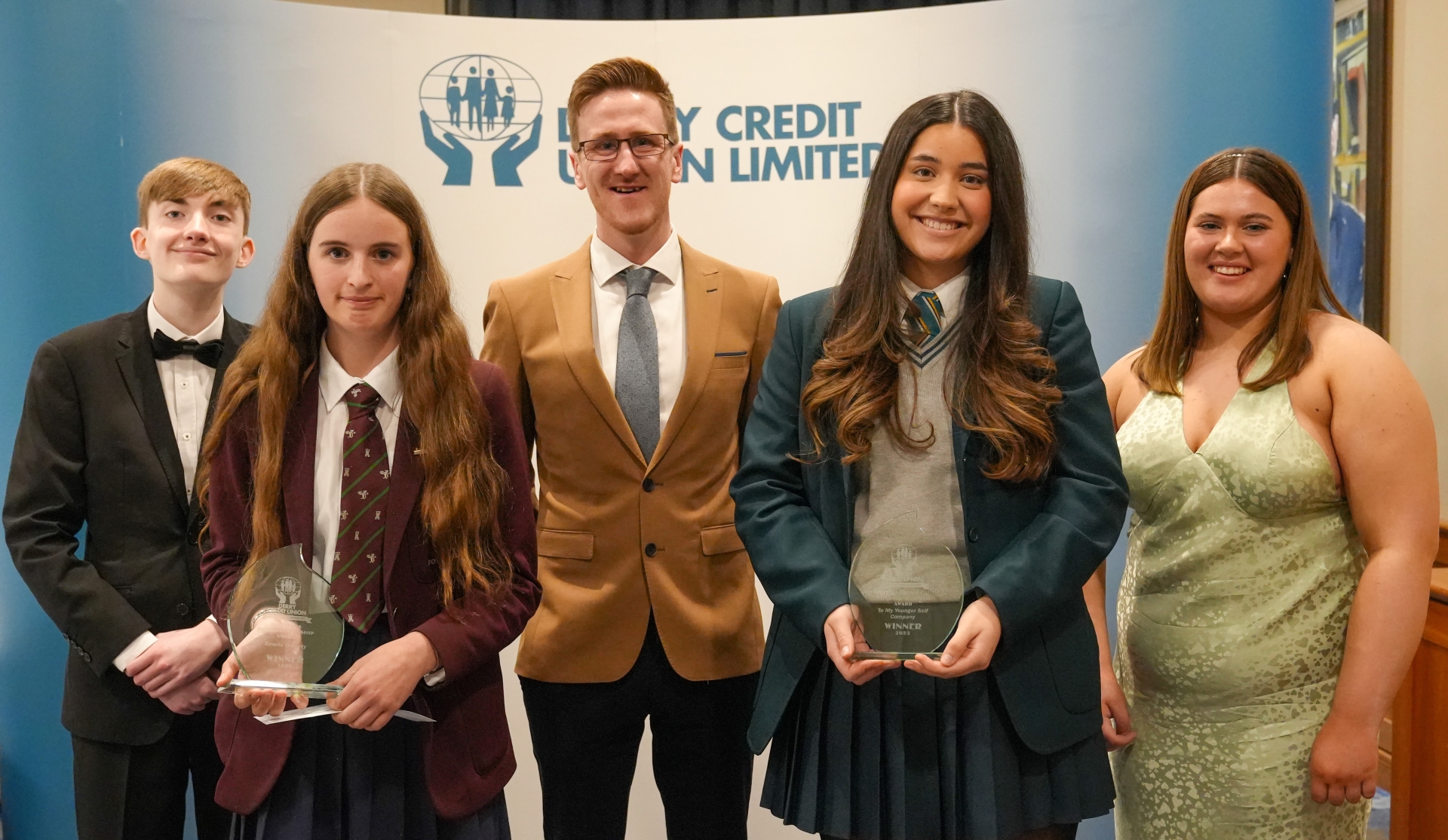 Amelia Doherty (second from left) and To My Younger Self Company (second from right) with DCU Youth Committee members Tony Bradley and Roisin Quinn. Also in photo is keynote speaker Conán Doherty.