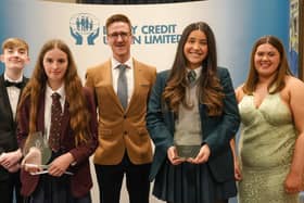 Amelia Doherty (second from left) and To My Younger Self Company (second from right) with DCU Youth Committee members Tony Bradley and Roisin Quinn. Also in photo is keynote speaker Conán Doherty.